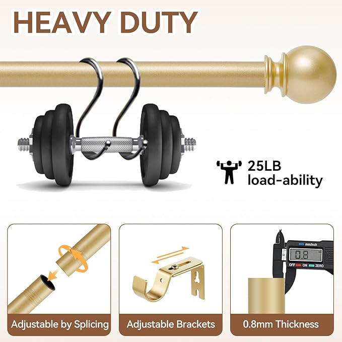 Gold Curtain Rod for Windows 30 to 60 Inch, 5/8 Inch Diameter Adjustable - Image 3