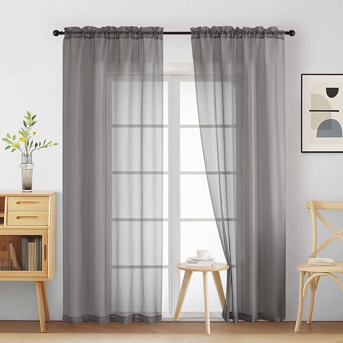 Grey Sheer Curtains 90 Inches Long 2 Panels, Light Filtering Solid Sheer by Home