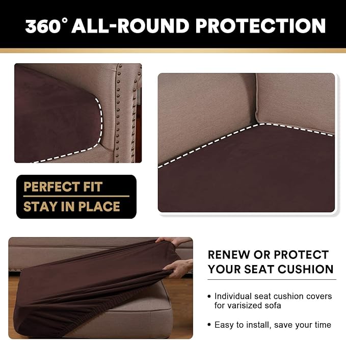 PrinceDeco Velvet Couch Cushion Cover Soft Stretch Cushion Slipcover for Chair Loveseat Sofa Cushion Furniture Protector Seat Cushion Sofa Cover (2 Piece Large Sofa Cushion Covers, Brown)