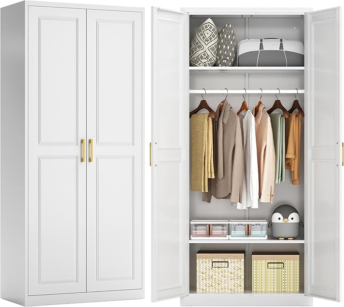 71" Metal Armoire Wardrobe Closet with 2 Doors, Tall Wardrobe Cabinet with Hanging Rod and Adjustable Shelves, White Clothing Storage Cabinets for Bedroom, Laundry Room, Home Office