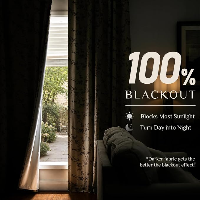 Blackout Vintage Floral Linen Curtains Blue on Beige 50×90 2 Panels | Elisa - Image 2