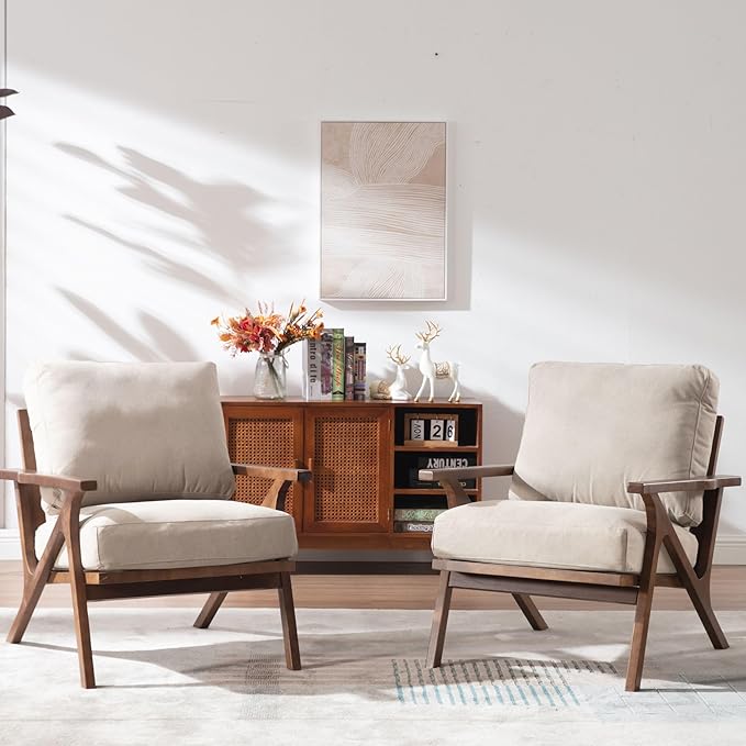 Wahson Set of 2 Mid Century Chair, Upholstered Accent Armchairs, with Wood Frame and Canvas Cushions, Leisure Slipper Chair for Living Room/Bedroom, Beige