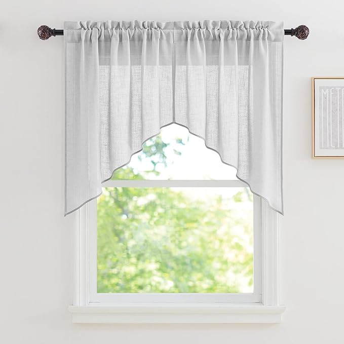 RYB HOME Linen Textured Wave Pattern Sheer Valance Curtains, Contemporary Semi by RYBHOME