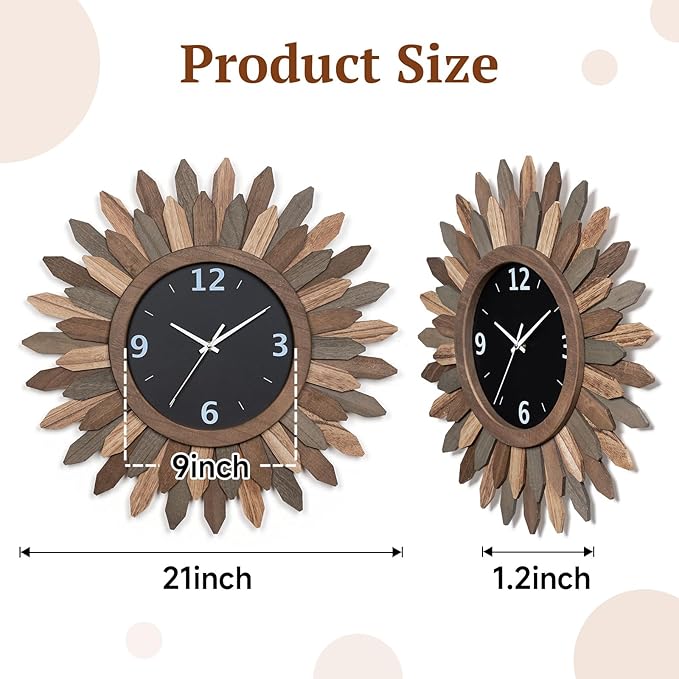 Honiway Large Wall Clock Battery Operated 21 in Rustic Wood Boho Sunburst Decorative Wall Clock Silent Non Ticking Farmhouse Wall Clocks for Living Room Bedroom Kitchen Bathroom Decor (Tricolor)