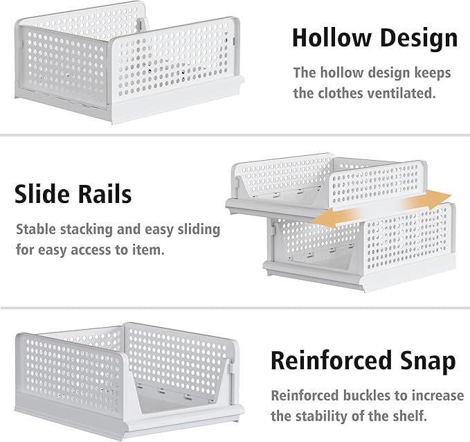 5 Pack Stackable Plastic Storage Basket Closet Organizer Bin Foldable Clothes Organizer Storage Drawer Shelf Container for Living room Bathroom Kitchen Office (3L+2S)