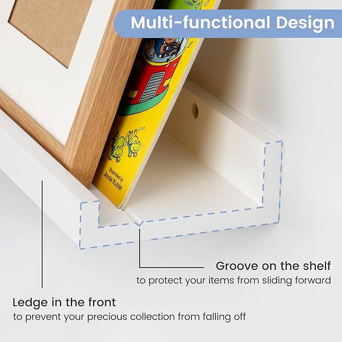 Picture Ledge Shelf, Floating Shelves Set of 2, Solid Pine Wood 55'' Long Large Nursery Book Shelves for Toys Storage, Kids Bookshelf for Living Room Bedroom Decor Books Photo Frames, White