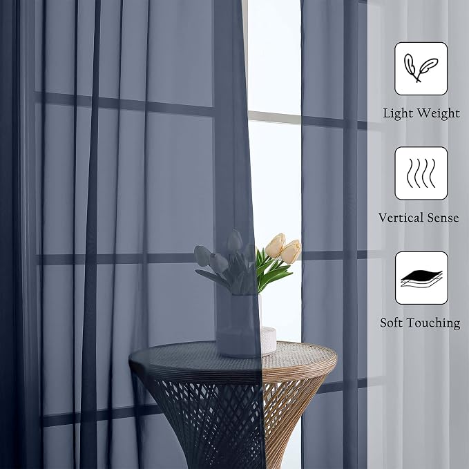 Lecloud Navy Blue Sheer Curtains 120 Inches Long 2 Pcs, Solid Voile Light - Image 2