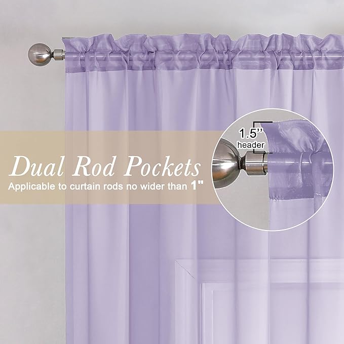 Lecloud Light Filtering Lavender Sheer Curtains 63 Inch Length 2 Panels - Image 2