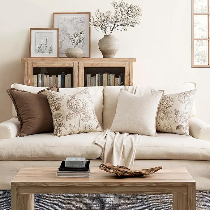 Set of 2 Decorative Floral Pillow Covers 22x22 Inch Light Brown | Neutral - Image 4