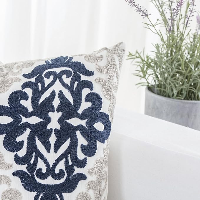 HWY 50 Navy Blue Decorative Throw Pillow Covers 18x18 Inch, Pack of 2 Embroidered Cotton Farmhouse Cushion Cover Pillow Case for Sofa Couch Living Room Bed Bedroon, Accent Geometric
