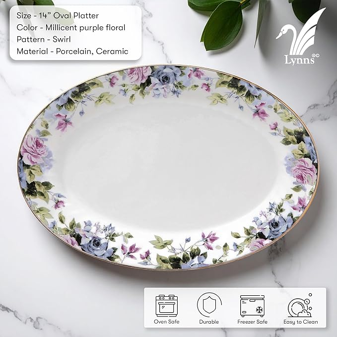 Lynns Paradise Millicent 14-Inch Oval Platter, Set of 2, Purple; Heavy Duty; Chip Resistant; Lead and Cadmium Free; Freezer to Oven Safe up to 500°F