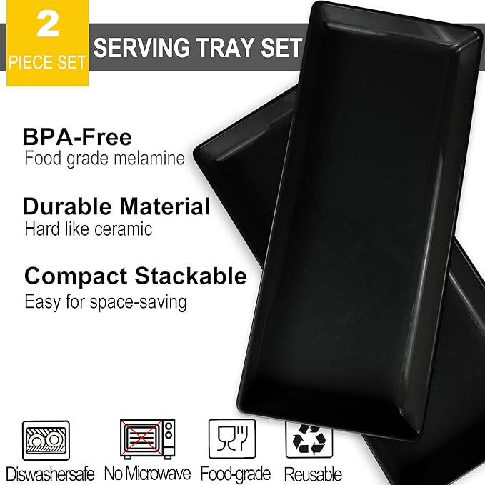 Long Melemine Serving Tray, 17.3x8x1.5 in Serving Platters and Trays for Appetizer, Charcuterie, Bread, Fruit, Dessert, Set of 2, Black