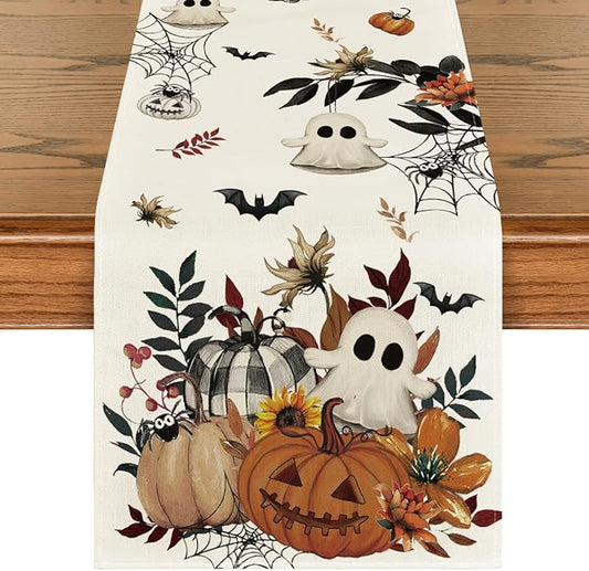 Artoid Mode Pumpkin Ghost Leaves Spider Web 210 GSM Halloween Table Runner, Spooky Kitchen Dining Table Decoration for Home Party Decor 13x60 Inch