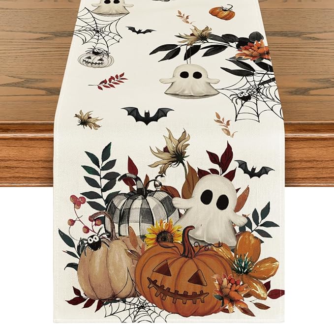 Artoid Mode Pumpkin Ghost Leaves Spider Web 210 GSM Halloween Table Runner, Spooky Kitchen Dining Table Decoration for Home Party Decor 13x36 Inch