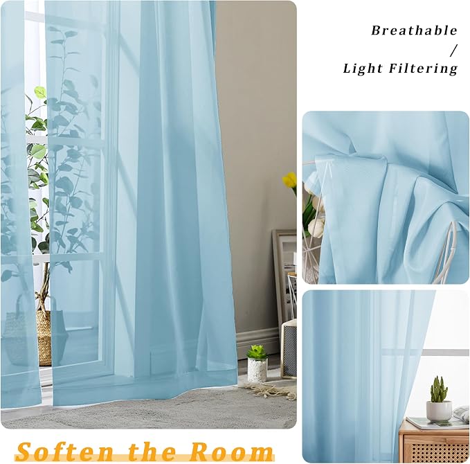 Gwine Sky Blue Sheer Curtain Tiers 24 Inch Length, Light Filtering Voile Short - Image 4