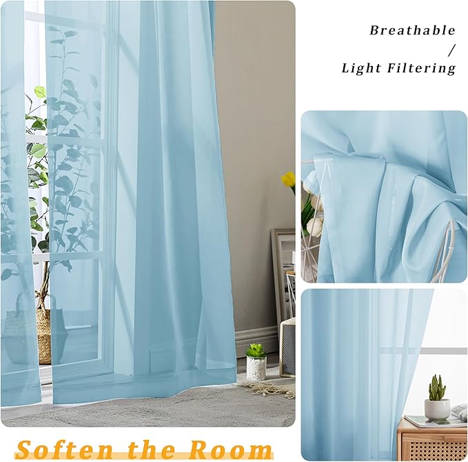 Gwine Sky Blue Sheer Curtains for Bedroom 54 inches Long 2 Panels, Light - Image 3