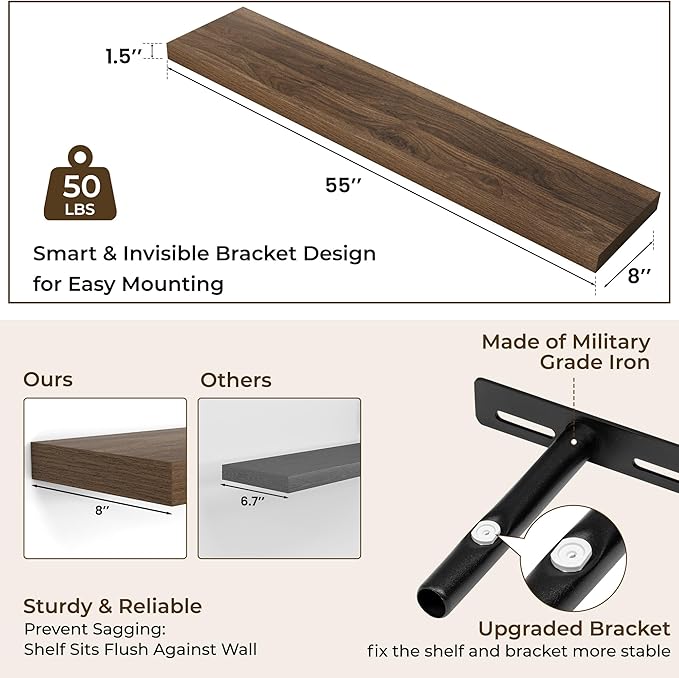 RICHFOCUS 55Inch Floating Shelves for Wall 2 Pack Shelves for Bedroom|Kitchen|Bathroom Wall Mounted Rustic Wood Floating Shelf with Invisible Brackets for Books|Storage|Decor, Walnut