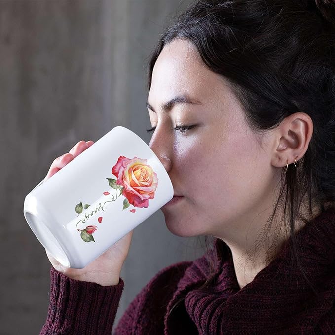 Novelty Rose Accent Cup For Girl, Personalized Rose Flower Coffee Mug 11oz 15oz, Customized Rose Lover Ceramic Cup With Name, Custom Flower Design Mug, Gift For Anniversary