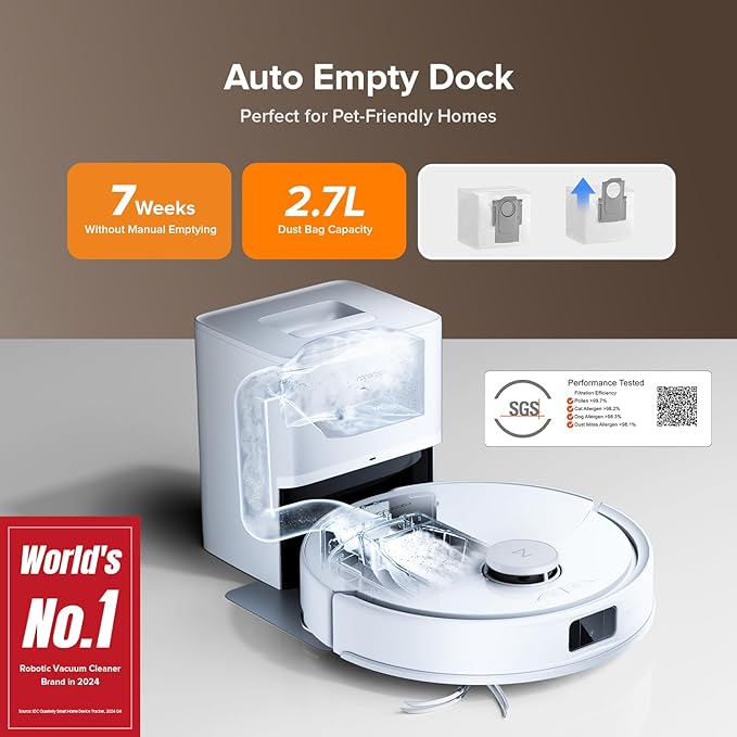 roborock Q10 X5+ Robot Vacuum and Mop Combo, Self-Emptying, 10,000Pa Suction, Obstacle Avoidance, LiDAR Navigation, Hands-Free Cleaning, No-Go Zones, Perfect for Carpet and Pet Hair, White