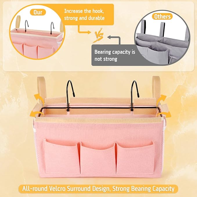 Bedside Organizer with Fixed Straps and Water Bottle Holder for Home, College, Dorm, Bunk, Hospital, Crib, Bed Rails - Pink