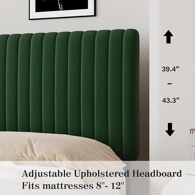 King Size Bed Frame, Velvet Upholstered Platform Bed with Vertical Channel Tufted Headboard and Footboard, No Box Spring Required, Easy Assembly, Green