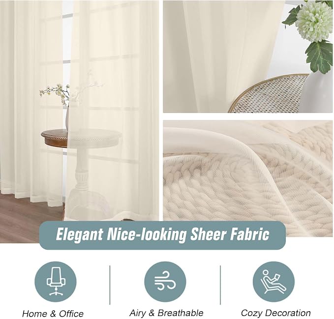 Cream Window Sheer Curtains 54 inch Length, Soft Airy Light Filtering Sheer - Image 4