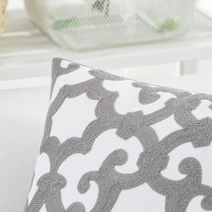 HWY 50 Grey Gray Decorative Throw Pillow Covers 18x18 Inch, Pack of 2 Embroidered Cotton Farmhouse Cushion Cover Pillow Case for Sofa Couch Living Room Bed Bedroon, Geometric Design