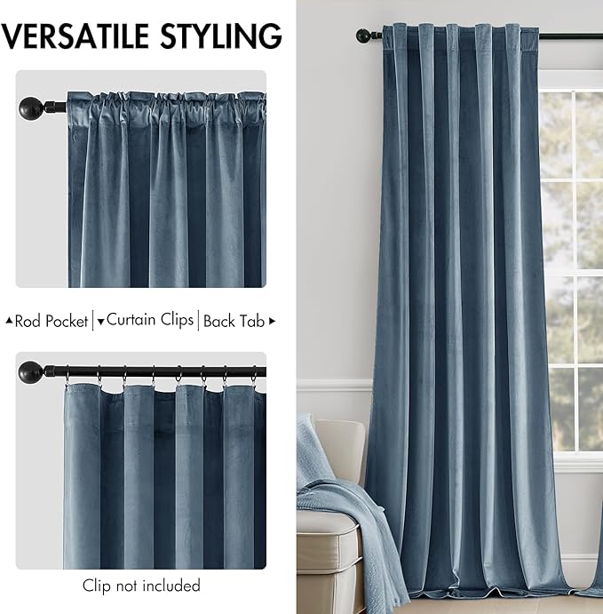 MIULEE Velvet Curtains 52x96 inches 2 Panels Stone Blue Blackout Curtains | - Image 2