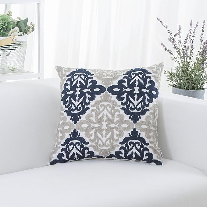 HWY 50 Navy Blue Decorative Throw Pillow Covers 18x18 Inch, Pack of 2 Embroidered Cotton Farmhouse Cushion Cover Pillow Case for Sofa Couch Living Room Bed Bedroon, Accent Geometric