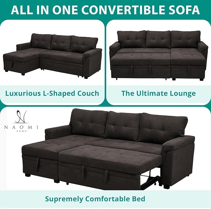 Naomi Home L-Shaped Reversible Sectional Sofa with Pull-Out Sleeper Bed and Storage Chaise, Espresso Velvet