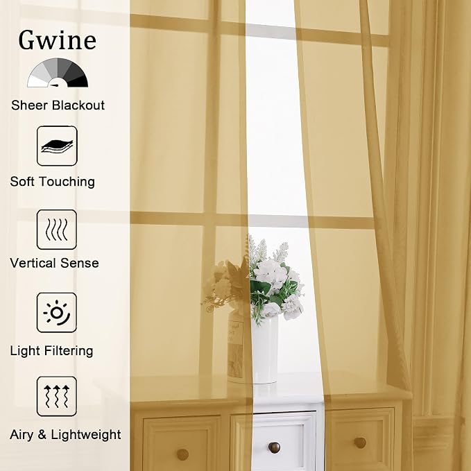 Gwine Gold Sheer Kitchen Curtains 36 Inch Length, Light Filtering Voile Soft - Image 2