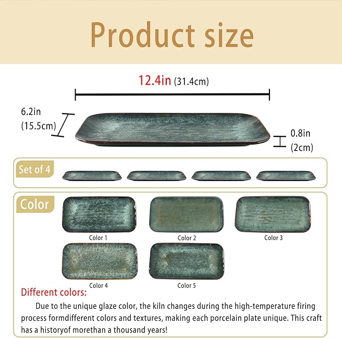 Ceramic Serving Dinner Plate Set, 4-Piece for Main Meals, Tacos, Lunches, Snack, Platters - Microwave and Dishwasher Safe, Scratch Resistant, Kitchen Serving Dinnerware, Black 12.4 Inch