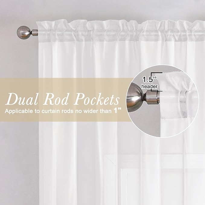 White Sheer Curtains 72 Inches Long 2 Panels, Light Filtering Voile Drapes - Image 2