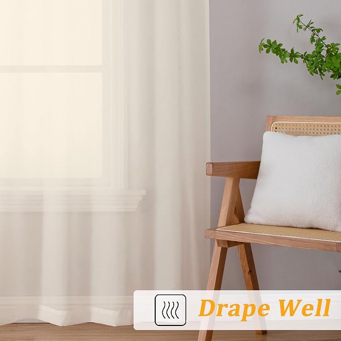 Gwine Cream Sheer Curtains 90 Inches Long 2 Panels Set, Light Filtering Solid - Image 6