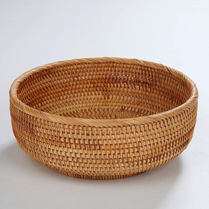 Hadewoven Round Rattan Fruit Basket Wicker Food Tray Weaving Storage Holder Dinning Room Bowl, 10 Inch Woven Bread Basket Key Bowls with 4”Wall for Table, Countertop (Large 9.8")