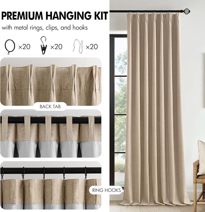 MIULEE Taupe Pinch Pleated 100% Blackout Linen Curtains 40x96 Inches | Room - Image 8