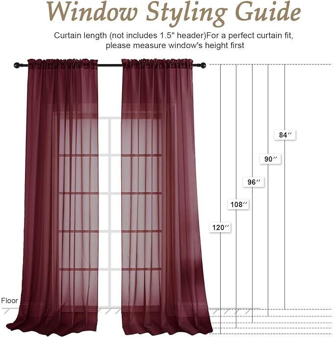 Wine Sheer Curtains 84 Inches Long 2 Panels Set, Light Filtering Sheer Curtains - Image 2
