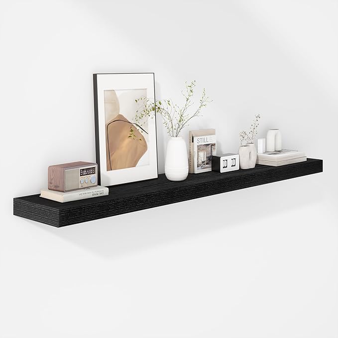 Fun Memories 48 Inch Floating Shelves - Fireplace Mantel Shelf - Deep Wall Mounted Wood Storage Shelf for Bedroom, Kitchen, Farmhouse - 1 Pack, Rustic Black