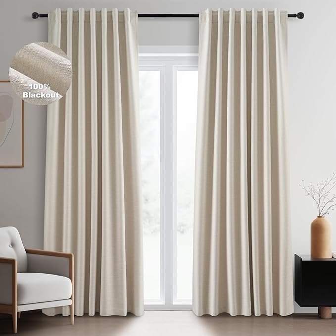Topfinel Cream Linen Blackout Curtains 102 Inch Length 2 Panels Set by Topfinel