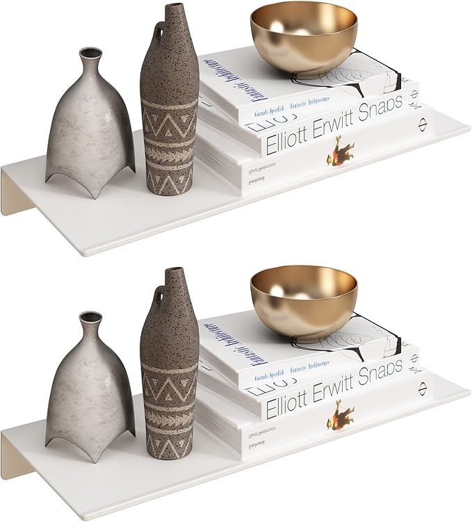 JOOM White Floating Shelves for Wall Storage, Metal Wall Shelves for Living Room, Bathroom, Kitchen, 12” Small Display Shelves for Collectibles(2 PCS)