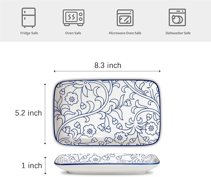 Selamica Ceramic Rectangular Salad Plates Set of 4, 8 Inch Small Serving Plates for Appetizers, Sushi, Fruit, Vintage Blue