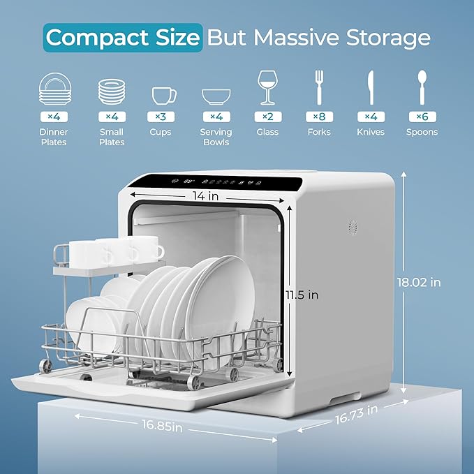 EUHOMY Countertop Dishwasher with 5L Built-in Water Tank& Inlet Hose Portable Mini Dishwashers with 6 Programs for Small Apartments, Dorms and RVs,High-Temp& Air-Dry Function, No Hookup Needed