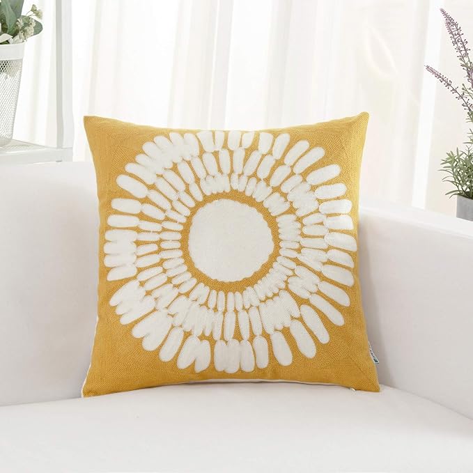 HWY 50 Mustard Yellow Decorative Throw Pillow Covers 18x18 Inch, Pack of 2 Embroidered Cotton Farmhouse Cushion Cover Pillow Case for Sofa Couch Living Room Bed Bedroon, Sunflower Design