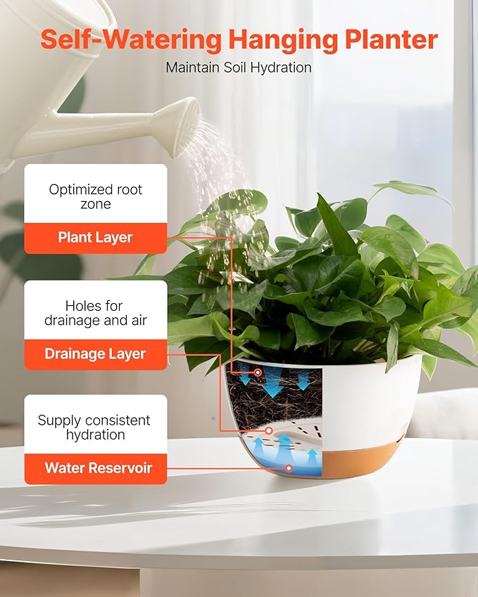 VEVOR Hanging Planters, 10 Inch Self-Watering Hanging Planter, 2 Pack Flower Pots with Drainage Hole & 2 Kinds of Plant Hangers, Plastic Basket Pots, for Garden Home Decor, Indoor & Outdoor Plants