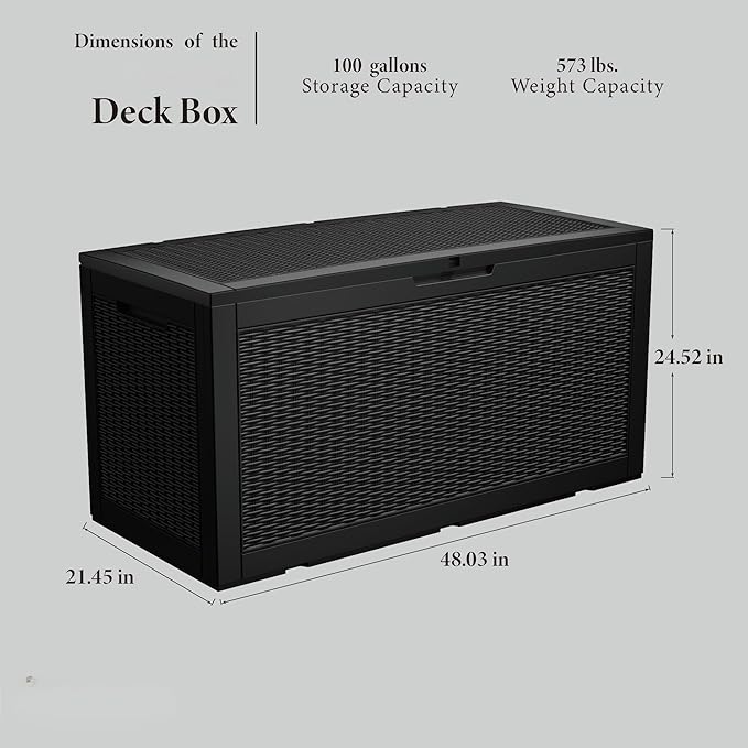 100 Gallon Outdoor Storage Box Waterproof Lockable Resin Deck Box Large, Patio Storage Bin for Pool Accessories Cushion Furniture, Garden Tools, UV-Resistant Outside Delivery Black