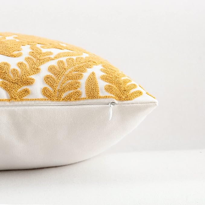 HWY 50 Mustard Yellow Decorative Throw Pillow Covers 18x18 Inch, Pack of 2 Embroidered Cotton Farmhouse Cushion Cover Pillow Case for Sofa Couch Living Room Bed Bedroon, Accent Branches