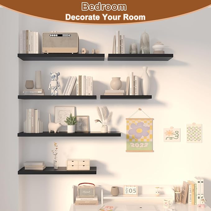 12 Inch Deep Floating Shelves for Wall 3 Pack Floating Shelves Large Storage Space Wall Mount Shelf for Living Room Kitchen Bathroom 36" W x 12" D x 1.2" H Black