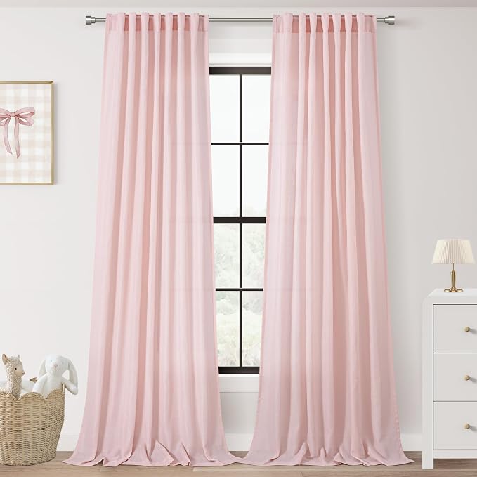 Pink Linen Curtains 90 Inch Long Back Tab Rod Pocket Window Treatment Curtain by Jolilight