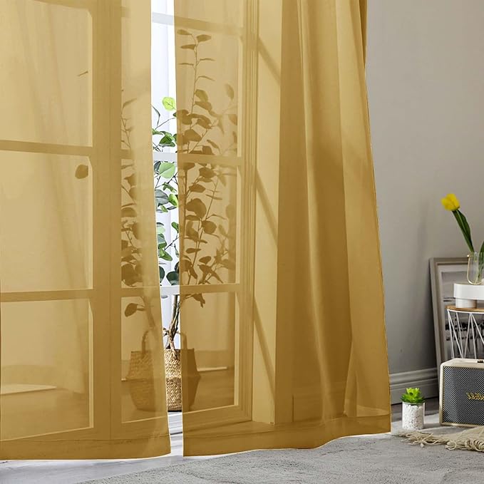 Sheer Gold Curtains for Bedroom Living Room 54 Inch Length 2 Panels Set - Image 8