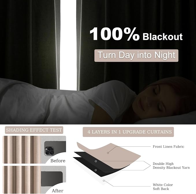 Natural Beige 95 inch bedroom living room curtains 2 Panels 100% Blackout Linen - Image 4